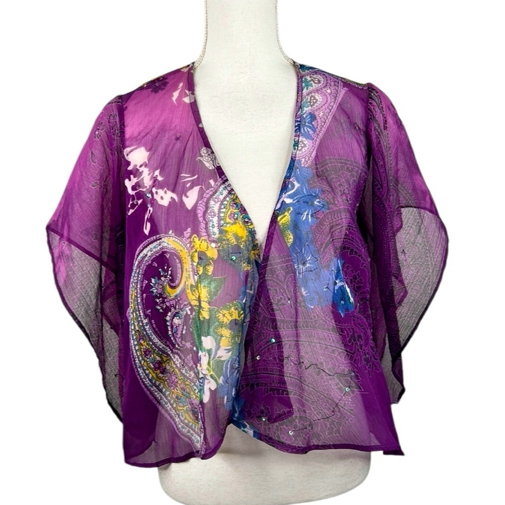 One World Purple Boho‎ Sheer Indie Festival Short Sleeve Flowy Top Size Small